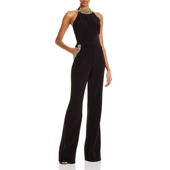 Rachel Zoe Womens Black Embellished Halter Wide Leg Jumpsuit NWT - Picture 1 of 2